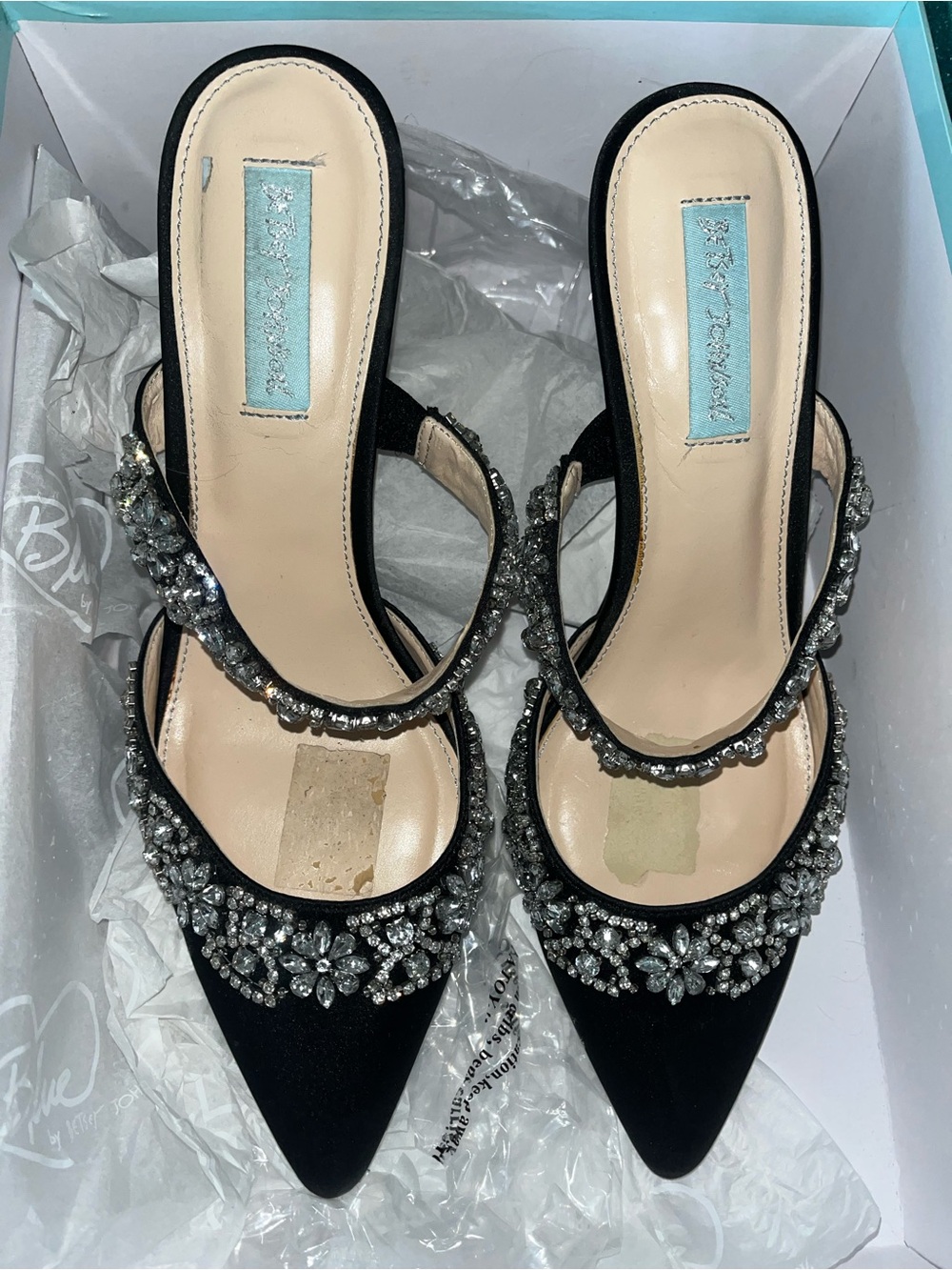 Blue by Betsey Johnson Elina Black Satin Rhinestone Pointed-Toe Mules